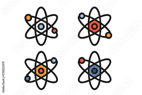 Science atom icon set. Chemistry, physics, and nuclear energy symbols. Molecule, particle, and electron orbit vector illustrations. Flat design for tech and education.