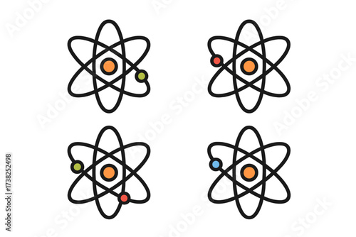 Atom icon set vector. Science symbol collection. Physics, chemistry, nuclear energy pictogram. Molecule, particle, electron orbit logo design element for web, app. Flat illustration.