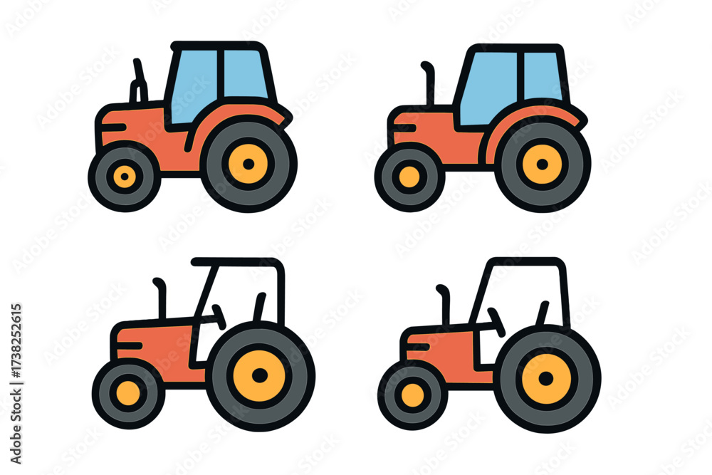 Fototapeta premium Tractor icon set for agriculture and farming. Heavy machinery vehicle pictogram. Farm transport symbol. Filled color and linear outline style. Vector cartoon illustration.