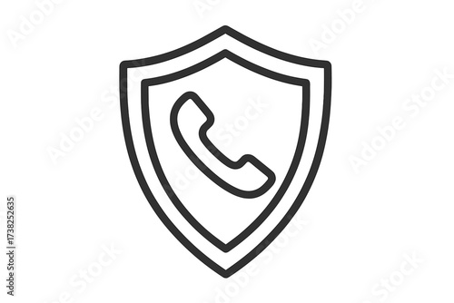 Secure call center and support icon. Phone protection and communication safety shield symbol. Privacy and anti-spam concept. Vector line art for web and app design.