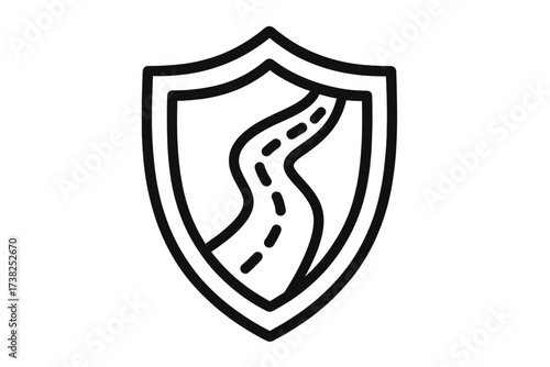 Road safety and travel insurance concept. Shield icon with a winding highway. Metaphor for trip protection, safe driving, and a secure journey. Vector line art for web and apps.
