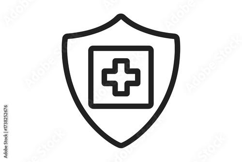 Medical shield with cross icon for health insurance and protection. Healthcare security symbol. Vector logo for hospital, clinic, app and web design. Safety first concept.
