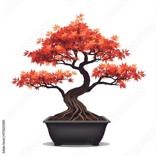 Vibrant autumn bonsai tree with twisted trunk and fiery red leaves in a dark pot