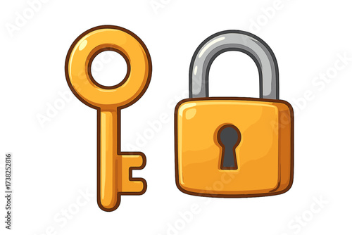 Golden key and padlock vector icon set. Cartoon illustration for concepts of security, privacy, safety, and access. Unlocking a secret or finding a solution. Lock and key sign.