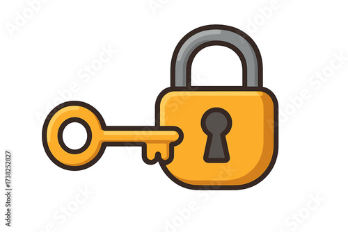 Key with lock vector icon for security and access. Metaphor for solution, privacy, safety, and protection. Cartoon illustration for apps and web graphics. Login symbol.