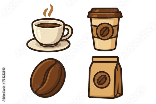 Coffee icon set vector graphic. Cartoon illustration of hot drink, takeaway cup, bean, paper bag. Cafe beverage concept. Espresso, latte, cappuccino symbols for menu, app, sticker.