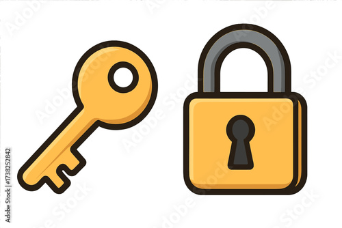 Key and lock icon vector illustration. Concept for security, safety, privacy and protection. Padlock symbol for access, solution, login or password. Cartoon graphic design.