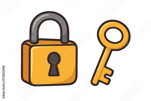 Lock and key vector icon cartoon illustration. Security, privacy, data protection, and access concept. Unlocking a secret, finding a solution, safety and confidentiality symbol.