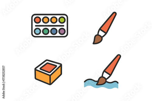 Art supplies icon set vector. Watercolor paint palette and brush pictograms. Artist tools for creative hobby. Graphic design elements for app and web. Drawing and painting concept.
