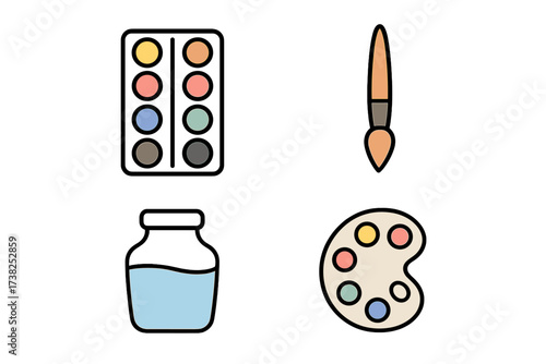 Painting icon set with art supplies. Artist tools collection with paintbrush, watercolor paints, palette, and water jar. Creative hobby, craft, drawing, and education concept.