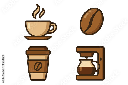 Coffee icon set. Vector symbols for apps, graphics. Cartoon illustration with transparent background. Hot drink, cup, bean, coffee maker, to-go cup. Morning energy concept.