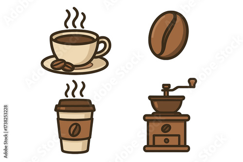 Coffee vector icon set with cup, bean, grinder, and to-go mug. Cartoon graphic symbols for cafe menu, apps, and branding. Hot espresso drink & morning beverage illustration.