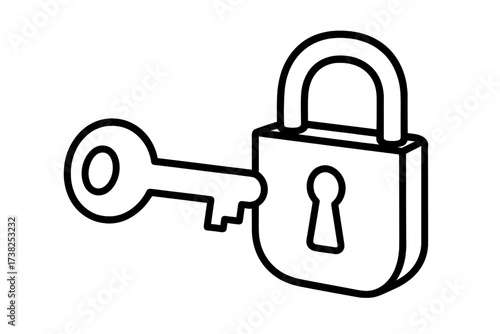 Key and lock line icon. Vector symbol for security, privacy, and access. Concept of unlocking solutions, opportunity, or data protection. Simple cartoon illustration.