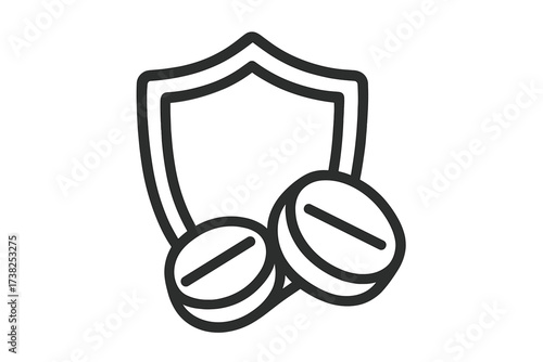 Immunity protection concept with shield and pills. Health defense metaphor icon. Medical treatment, vitamin supplement, and pharmacy symbol. Secure healthcare vector illustration.