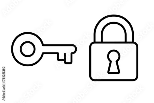 Key and lock vector icon. Security and protection concept. Padlock symbol for safety, privacy, access. Unlocking a secret, finding a solution. Data encryption, login.