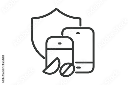 Parental control and mobile security icon. Shield protecting smartphone from forbidden content, drugs. Digital detox, screen time limit, web filter, antivirus vector illustration.