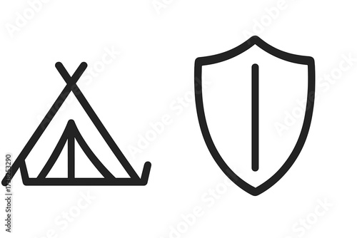 Camping safety and outdoor protection concept. Tent and shield line icons. Metaphor for travel insurance or a secure campsite. Minimalist vector illustration for web, app design.