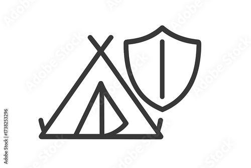 Tent and shield icon. Travel insurance concept. Outdoor safety and camping security. Vector line art symbol for protection, safe tourism, and secure accommodation.