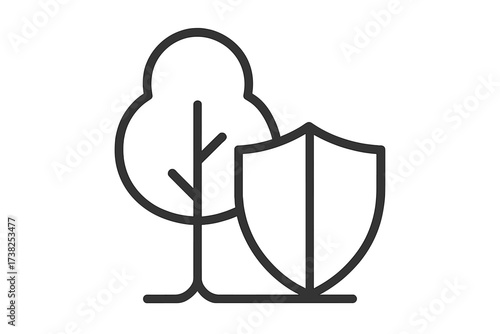Minimalistic Tree with Shield Icon, Linear Pictogram for Environment Protection, Safety, Nature Conservation, Web and Graphic Design, Apps, Banners, and Social Media