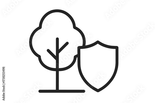 Minimalistic linear tree and shield icon, environmental protection symbol, eco-friendly design, nature safety, green energy, security concept, web and graphic vector illustration