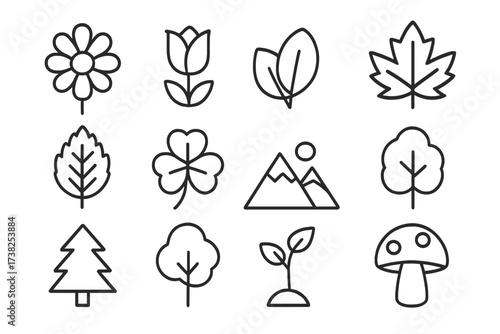 Nature and Parks linear vector icons set with flowers, leaves, mountains, tree, mushroom, and sprout symbols for app graphics and themed designs
