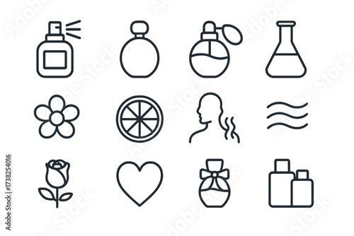Perfume and Fragrance Line Icons Set for Websites, Books, Cards, Apps. Editable Stroke Vector Illustration with Bottles, Flowers, Aromas, and Beauty Elements