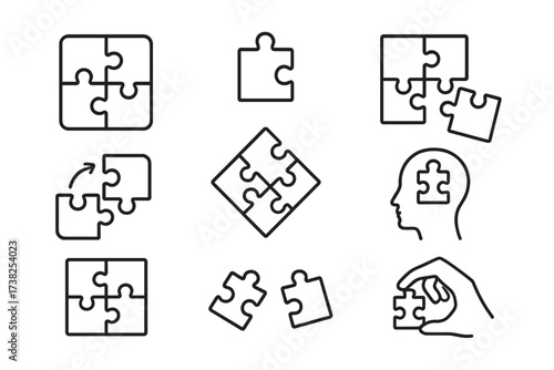 Puzzle line icon collection with editable stroke, perfect for infographics, articles, books, flyers, banners, vector cartoon illustration, transparent background design elements