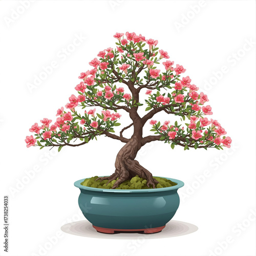 Vibrant pink flowering bonsai tree in a teal pot, symbolizing tranquility and nature's beauty.