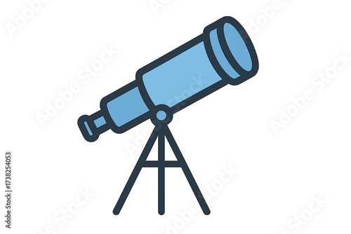 Set of filled blue telescope icons, minimalistic linear pictogram for web, graphic design, apps, banners, social network, vector cartoon astronomy, space exploration