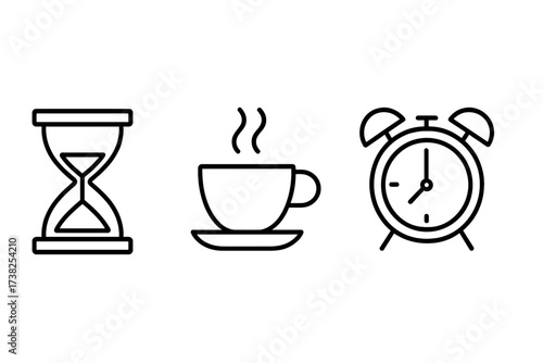 Simple linear illustration of time management icons including hourglass, coffee break, alarm clock, and productivity symbols for concept design, app graphics, and vector cartoon illustration