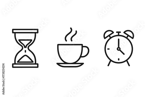 Simple linear time illustration with icons of hourglass, coffee break, and alarm clock. Vector cartoon concept for graphics, apps, productivity and time management, minimal style
