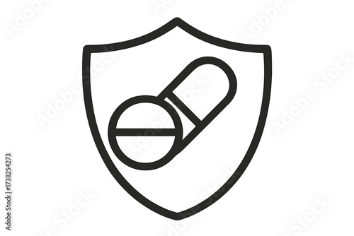 Medical protection shield icon with pill & capsule. Health insurance, pharmacy concept. Immune system defense. Drug, treatment, vitamin supplement vector for web, app design.