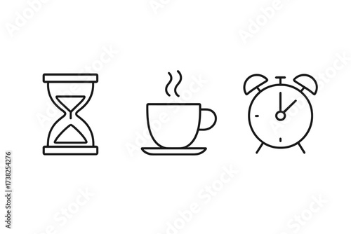 Time management line icon set. Hourglass, coffee break, alarm clock. Vector symbols for deadline, morning routine, schedule, timer. Simple minimalist graphic for web, app, ui, ux.