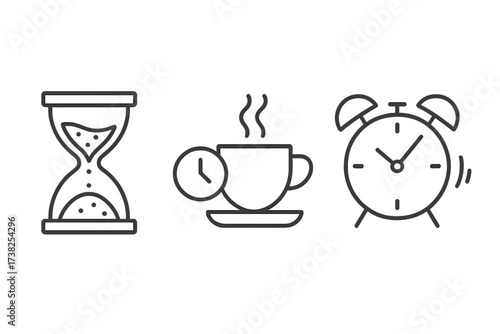 Time management icon set. Simple linear illustrations of hourglass, coffee break, and alarm clock. Vector graphics for business concepts, app design, and deadline reminders.