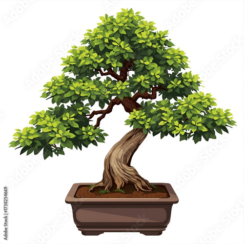 Artfully sculpted bonsai tree with lush green foliage in a ceramic pot, symbolizing peace and nature.