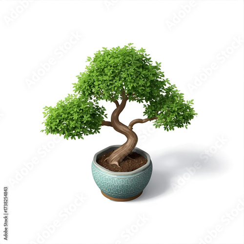 Serene bonsai tree with vibrant green leaves in a decorative pot, symbolizing peace and growth.