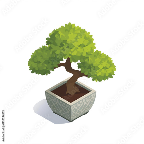 Stylized green bonsai tree in a decorative square pot, symbolizing tranquility and nature.