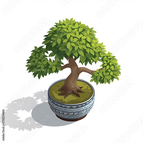 Serene green bonsai tree in a decorative pot, symbolizing peace and nature indoors.