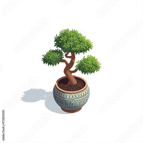 Artistic bonsai tree in a decorative pot with a subtle shadow, symbolizing nature and tranquility.