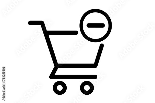 Remove from cart vector icon. Shopping cart with minus sign. E-commerce delete item symbol for web design, logo, app, UI. Online store purchase or order basket pictogram.