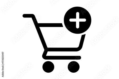Add to cart vector icon. E-commerce concept. Online shopping cart with plus sign. Buy, purchase symbol. Web store button for website design, logo, app, UI. Flat isolated glyph.