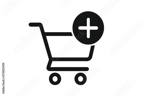 Add to cart vector icon. Online shopping plus button. Black shopping trolley symbol for e-commerce website design, logo, app, UI. Buy, purchase, order. Web store element.