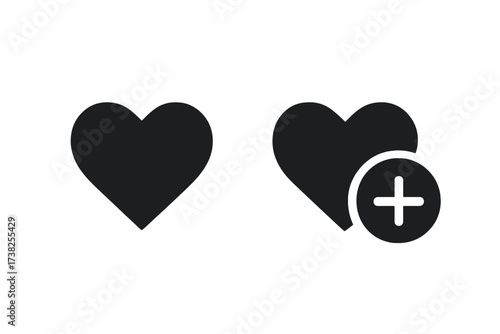 Heart icon set with plus symbol. Add to favorites, like, and save button. Love, health, care concept. Vector illustration for web design, app, UI, social media interface.