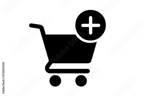 Add to cart vector icon. Plus symbol for adding product to shopping cart. E-commerce business concept for online store, website and app UI design. Flat purchase button.