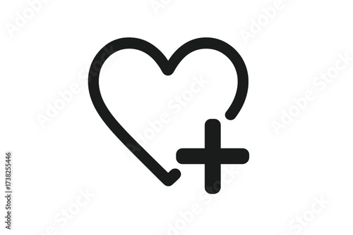 Add to favorites icon. Heart with plus symbol. Like, follow, and save button for social media. Web design UI element. Vector love, care, health, or charity donation logo.