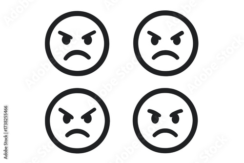 Angry face emoji vector icon set. Negative emotion, sad emoticon symbol collection. Bad feedback, customer dissatisfaction concept. Simple frustration, rage, stress graphic for web.