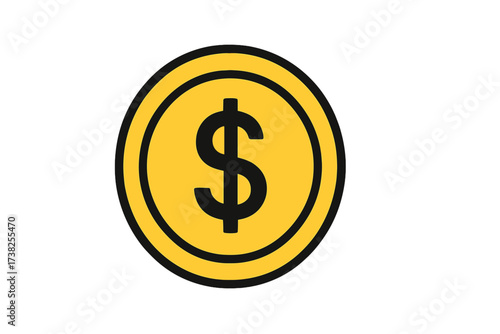 Vector dollar coin icon. Gold money symbol. Finance, economy, wealth, business concept. Flat currency sign for payment, banking. Cash, savings, investment, profit illustration.