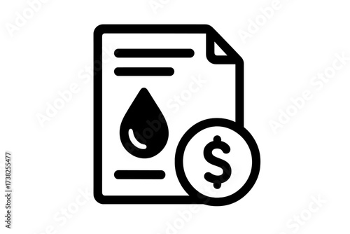 Utility bill vector icon. Water or oil price, cost concept. Fuel, gasoline, petroleum expense invoice. Financial document with drop and dollar coin symbol for app, web design.
