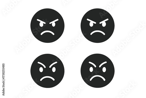Angry face emoji vector icon set. Unhappy, sad, and mad emoticon symbol collection. Negative feedback, customer dissatisfaction, and bad review graphic for web, app, UI.
