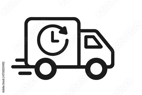 Fast delivery truck icon. Shipping service and logistics concept. Express delivery symbol with clock. Van for transportation and distribution. Timely delivery vector for web, app, UI.